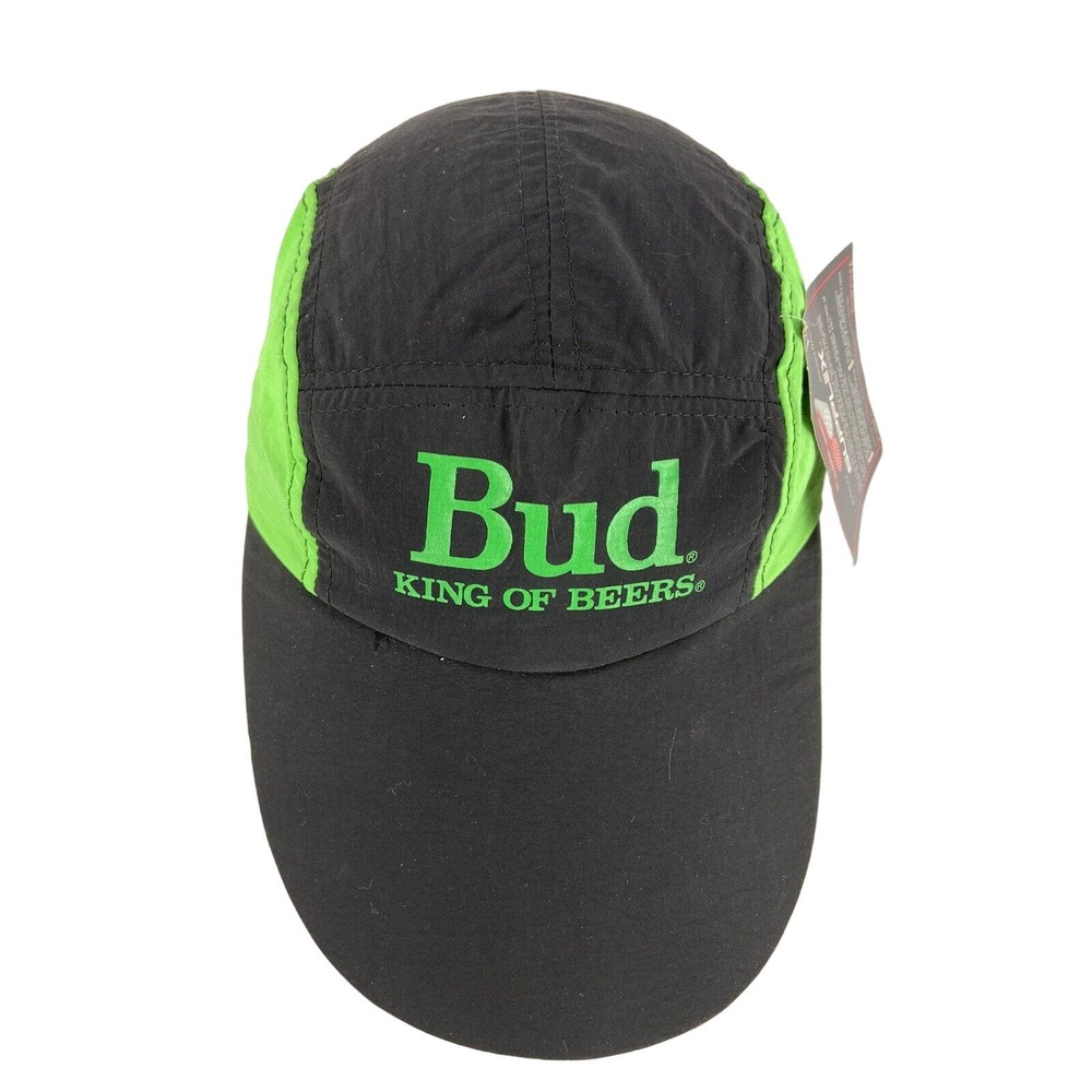 Vtg Budweiser Hat Cap Bud King Of Beers Supplex‎ Nylon Black Green Stretch NWT
